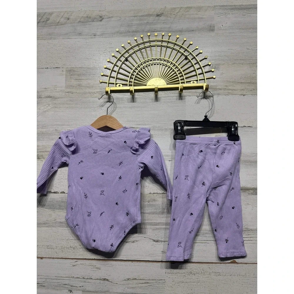 Floral Ribbed Bodysuit Leggings Set Girls 3-6M Purple Ruffle Shoulder NWT